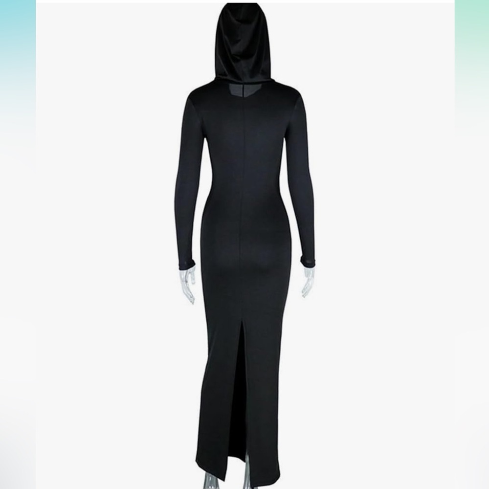 Black hooded bodycon dress long sleeve sexy maxi slit wasteland apocalypse goth - Picture 4 of 10